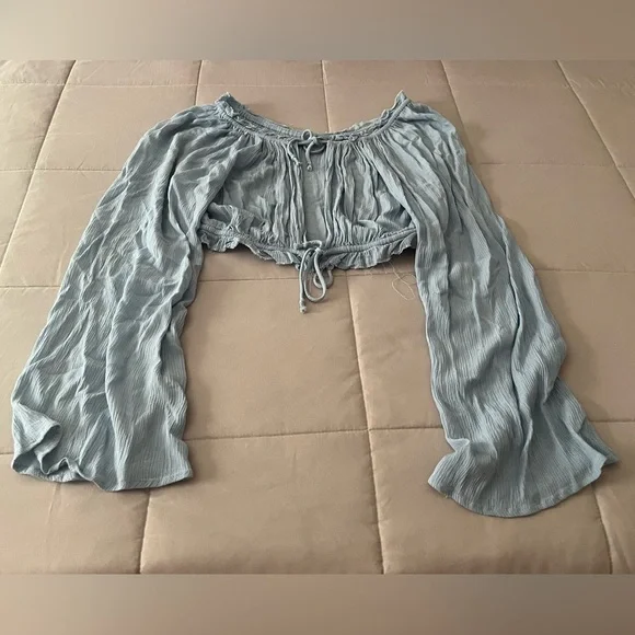 Blue Life Light Blue Ruched Tie Front Crop Blouse - Picture 4 of 6